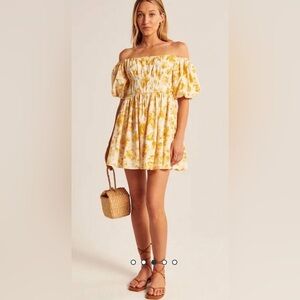 Abercrombie & Fitch yellow floral puff sleeve off the shoulder mini dress